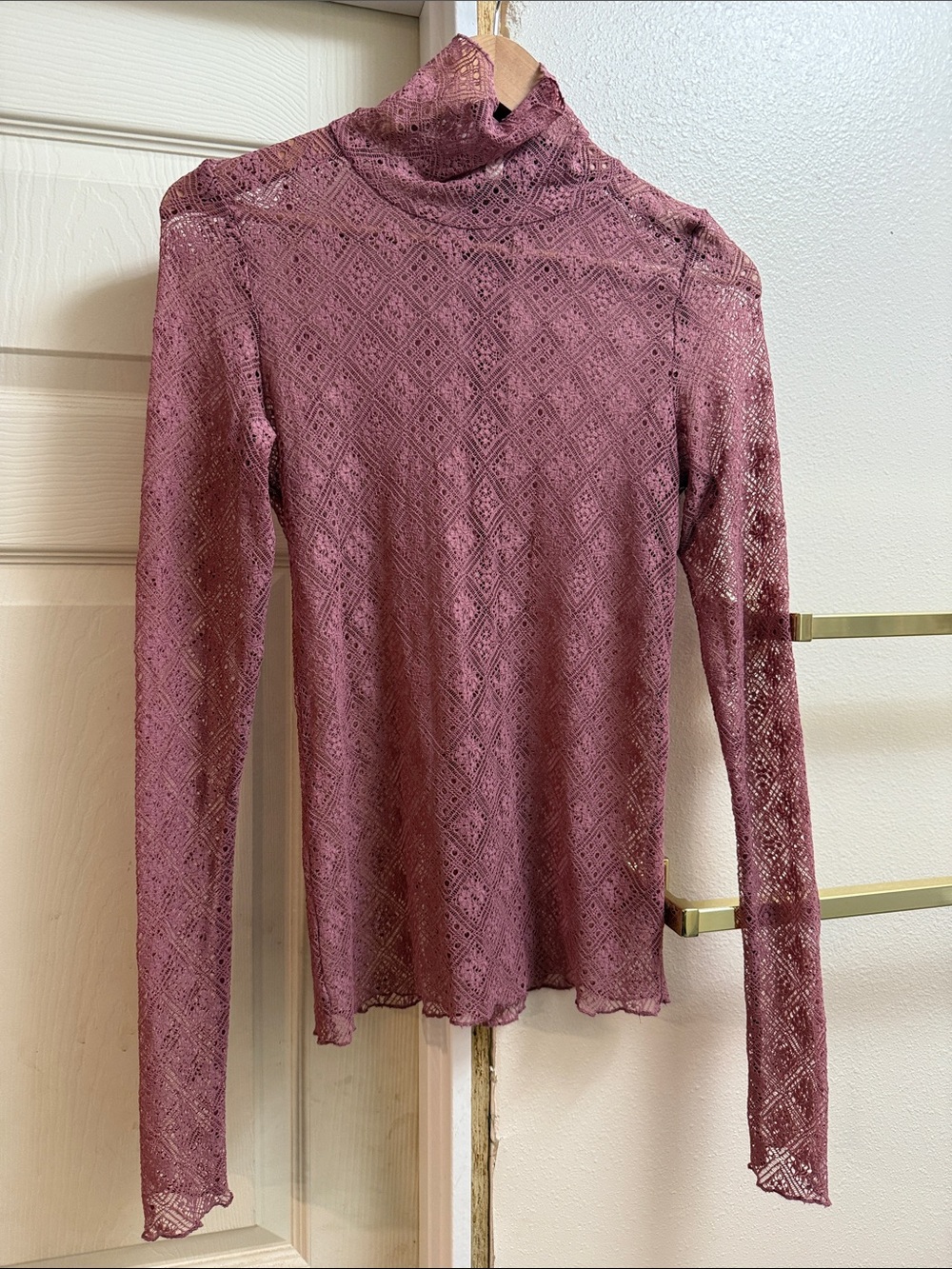 Free People Mauve Lace Turtleneck Long Sleeve Top